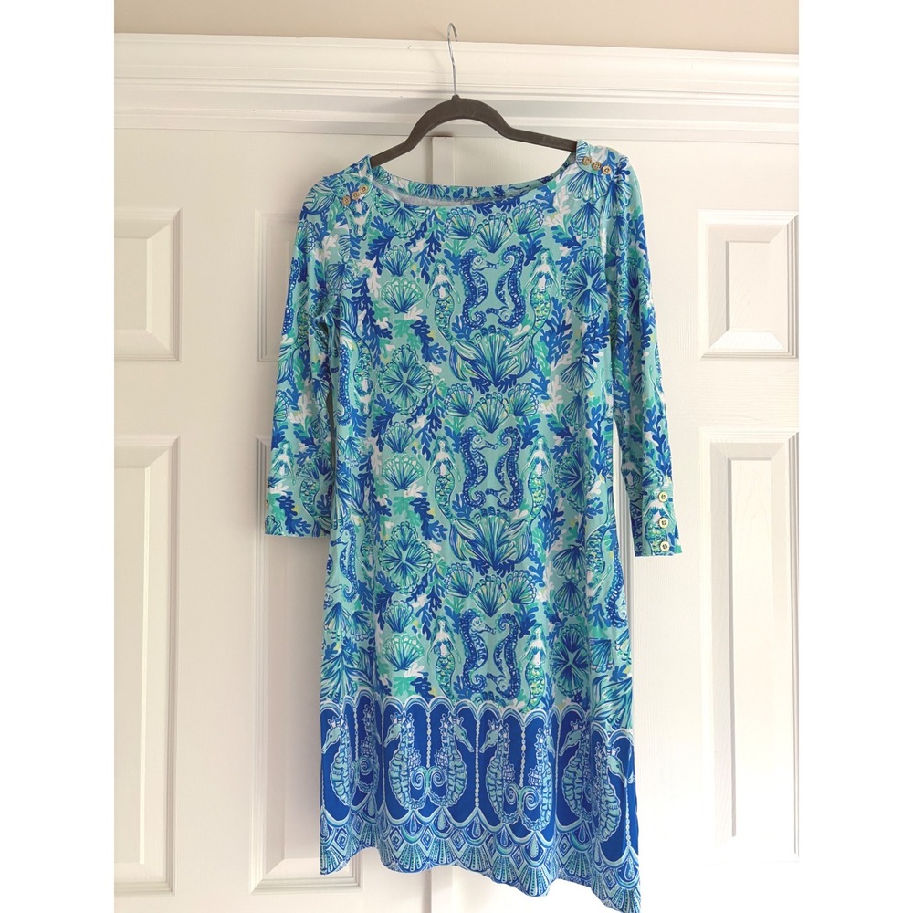 Lilly Pulitzer Blue & Green Mermaid and Seahorse Print Dress Size S